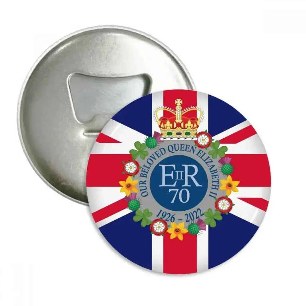 Queen Elizabeth II gift featuring a stylish magnetic bottle opener with a design that includes the royal emblem and British flag. Commemorates the legacy of Queen Elizabeth II.