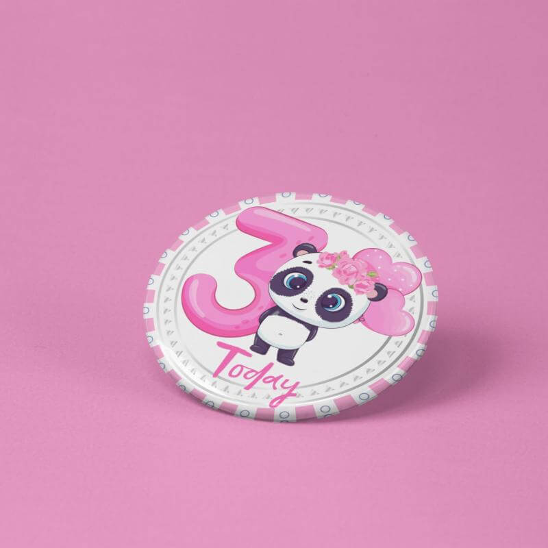 Birthday Pin Badge - Panda Cartoon Badge for Birthday Girl - Glossy Print, Secure Fit, Age 3 - EMU Works