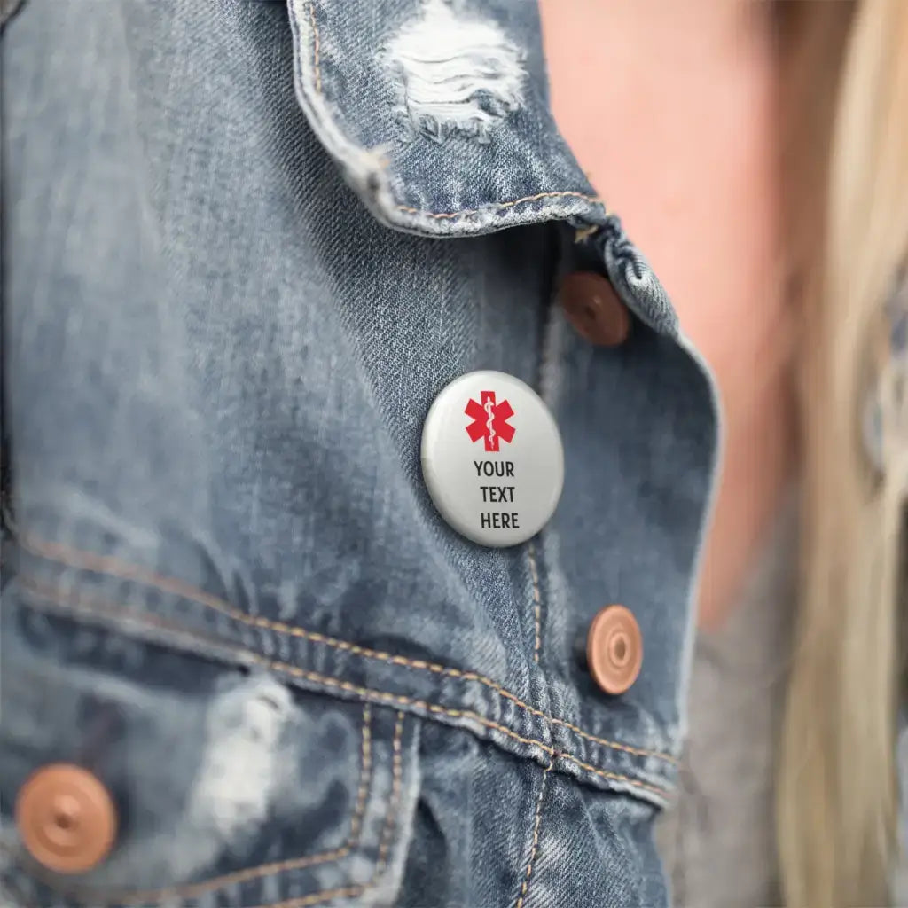Custom Medical Alert Badge worn on a denim jacket, showcasing its stylish design and emergency symbol.