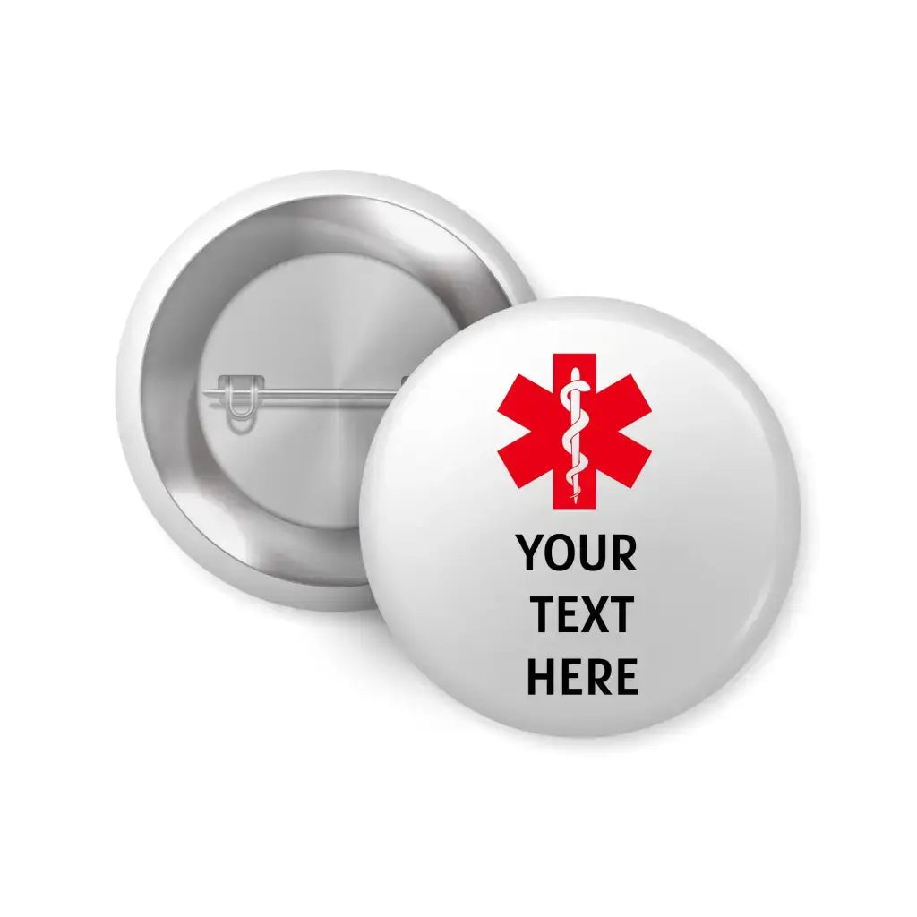 Custom Medical Alert Badge, detailed view showing the pin back feature for secure attachment of 1 inch 25mm badge.