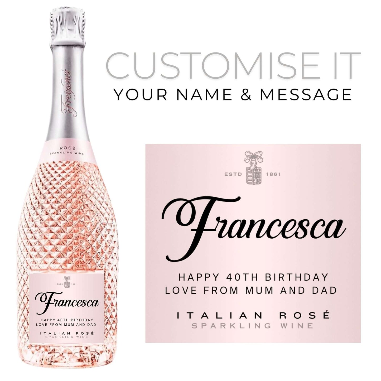 Personalised Prosecco - Wine Bottle Sticker Gift - Self Adhesive Metallic Label - EMU Works