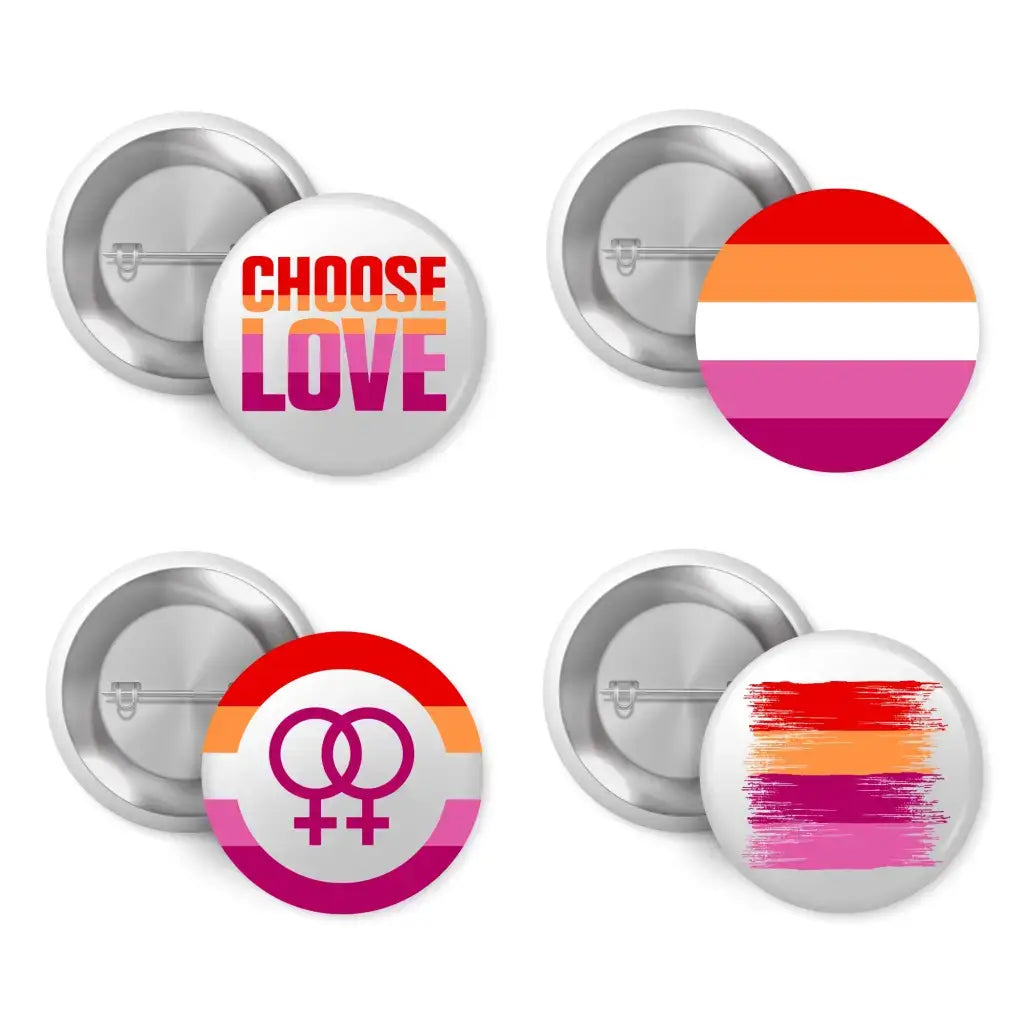 Four vibrant lesbian pride badges showcasing different designs including the phrase 'Choose Love', symbolising support for the LGBTQ+ community. These 1-inch lesbian pride badges are perfect for expressing identity.