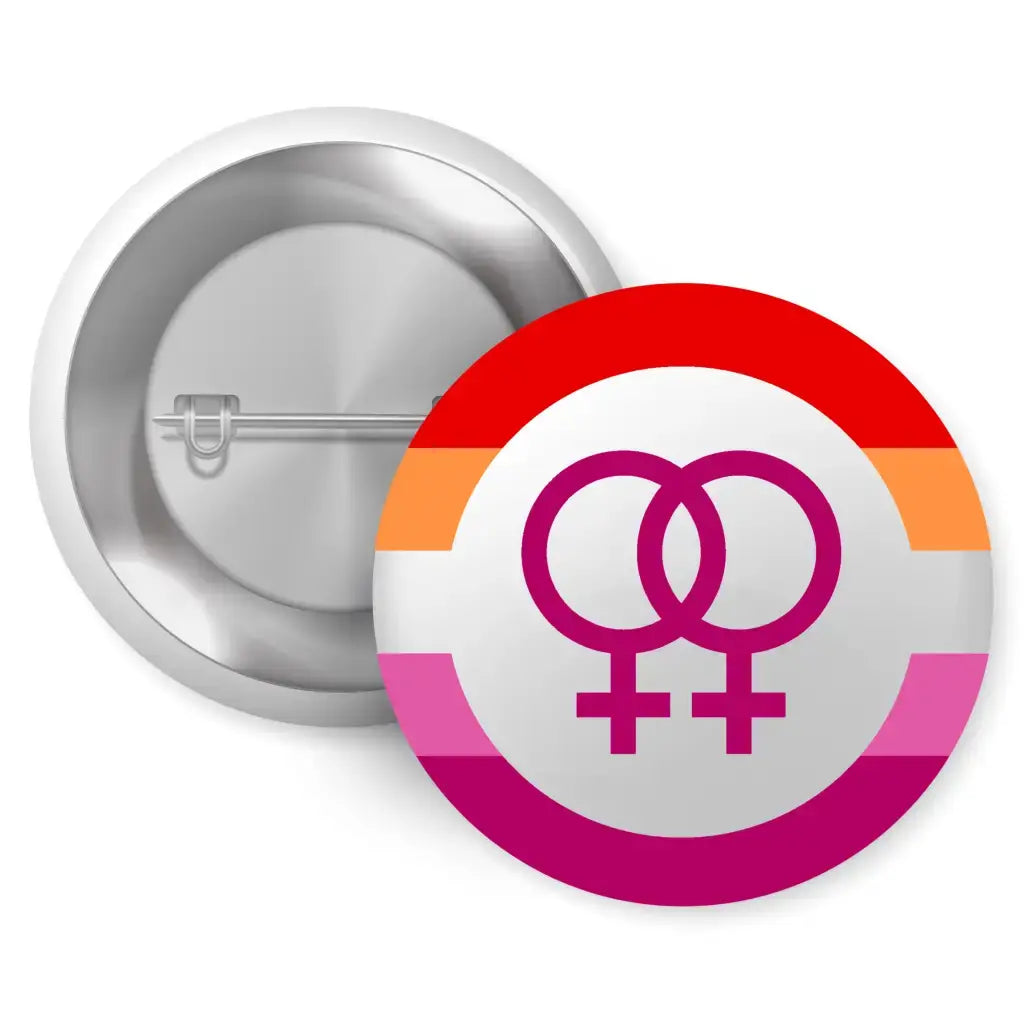 A vibrant 1-inch lesbian pride badge featuring two overlapping female symbols, highlighting support for the lesbian community and LGBTQ+ equality.