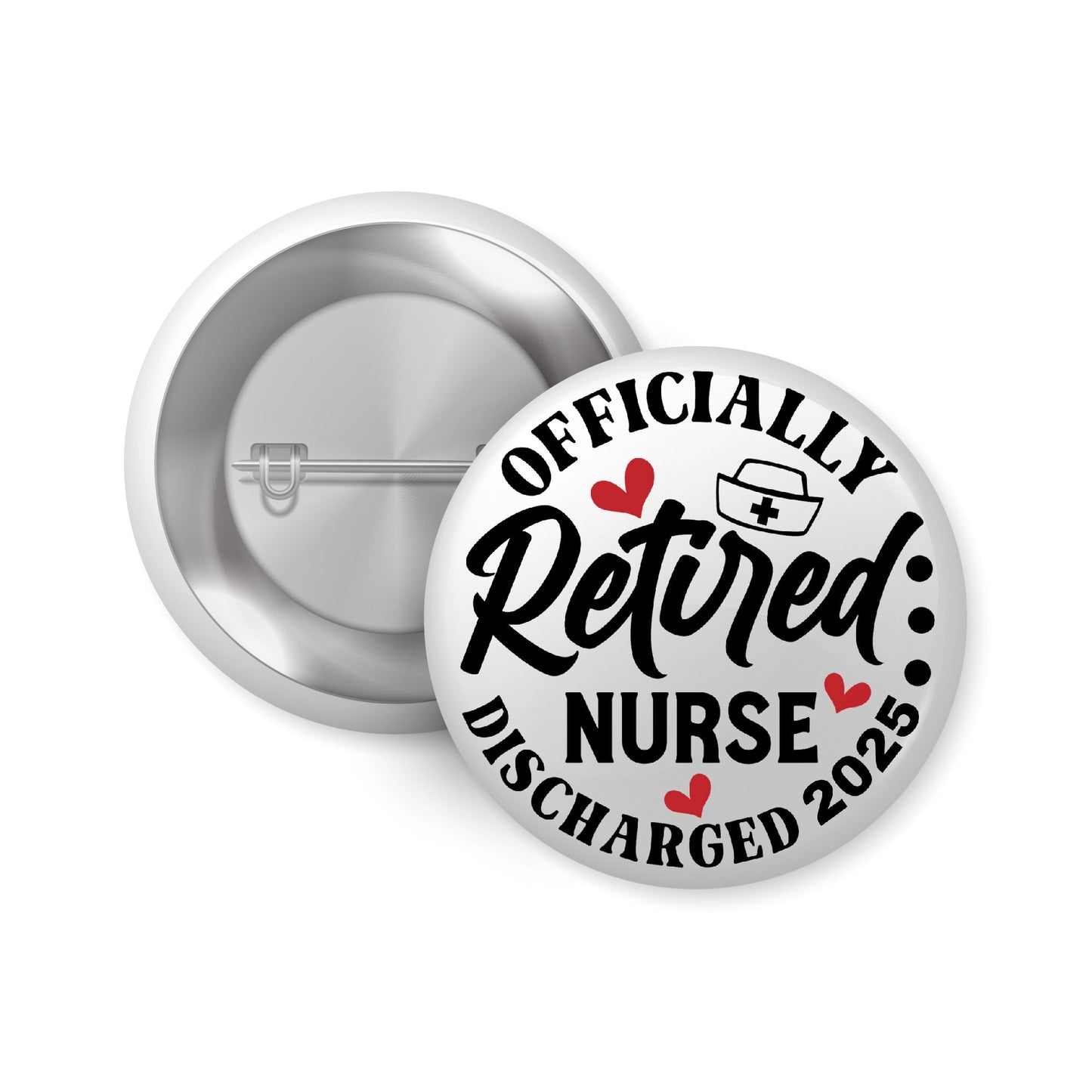 Close-up of the back detail of the Retired Nurse Badge - Officially Retired 1 Inch Health Awareness Pin Button Badge with safety pin.