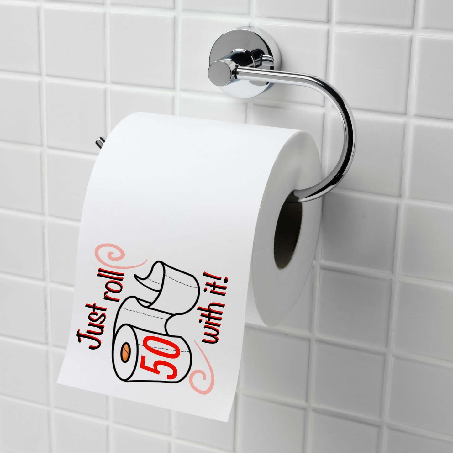 Funny Toilet Roll Gift: Novelty 50th Birthday Toilet Tissue on a holder displaying 'Just roll 50 with it!' - an entertaining addition to any birthday celebration.
