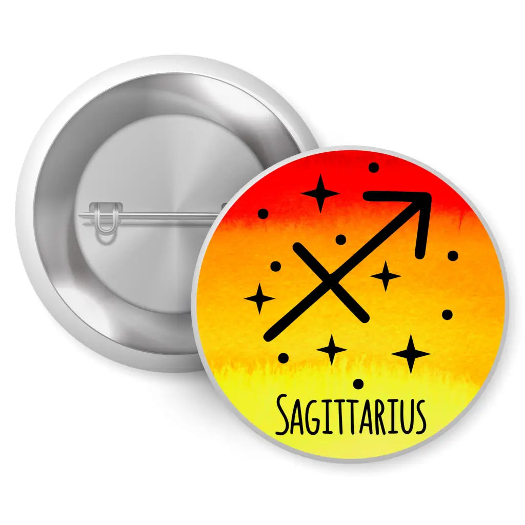 Sagittarius Zodiac Badge Pin featuring a colourful design with a striking arrow and stars, perfect for astrology lovers and a stylish accessory by EMU Works.