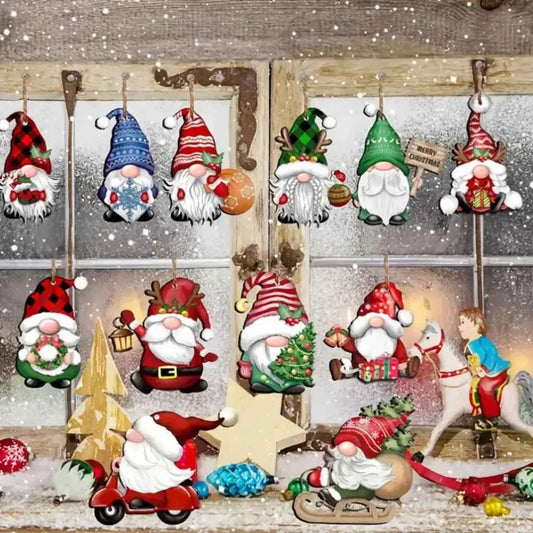 Set of 12 Christmas Wooden Gnome Santa Ornaments Holiday Festive Home Decor