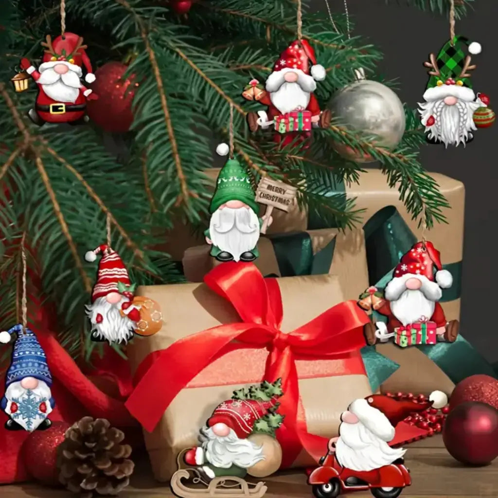 Set of 12 Christmas Wooden Gnome Santa Ornaments Holiday Festive Home Decor - EMU Works