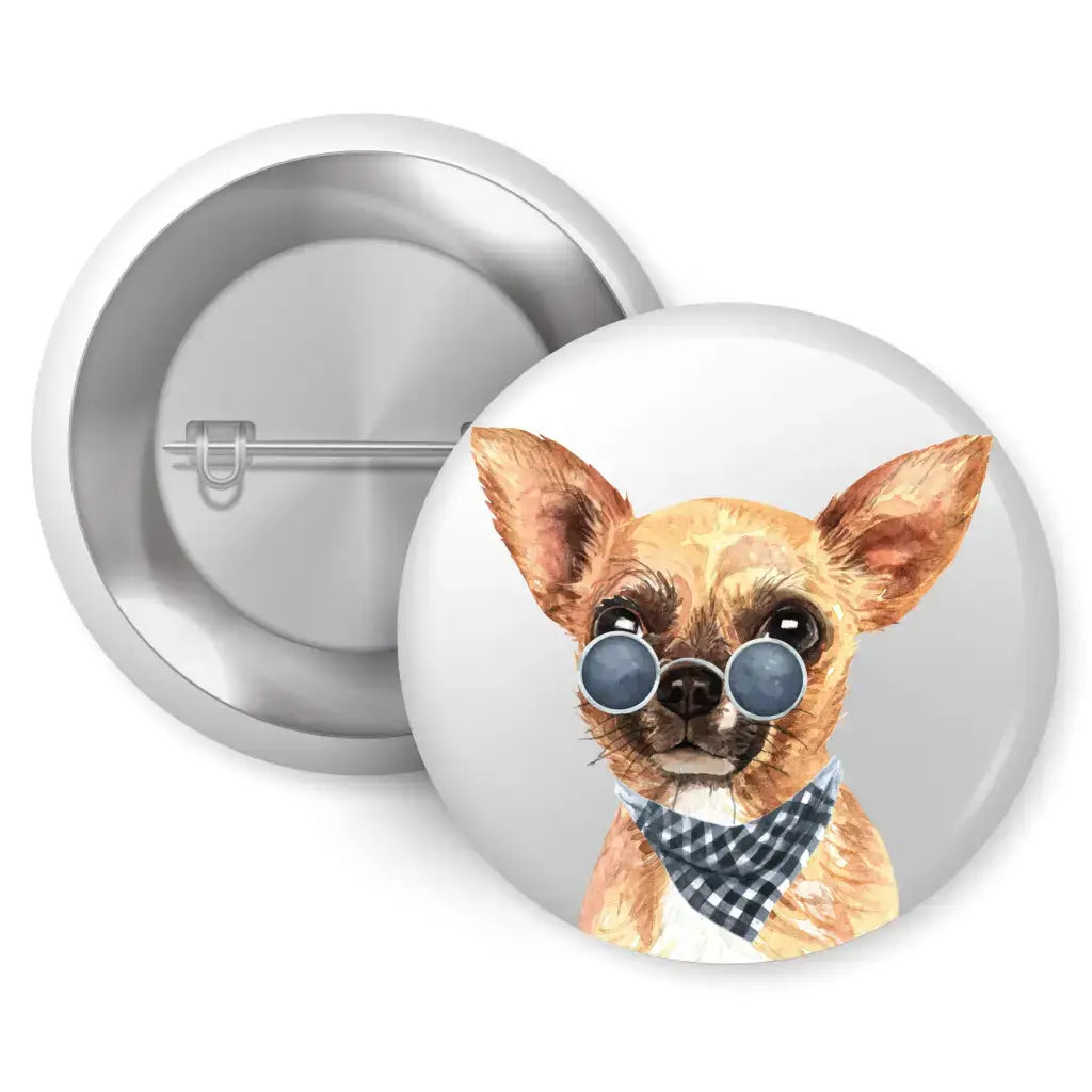 Chihuahua Badges Set with a stylish badge of a Chihuahua sporting sunglasses and a checkered scarf, a fun accessory for any outfit.