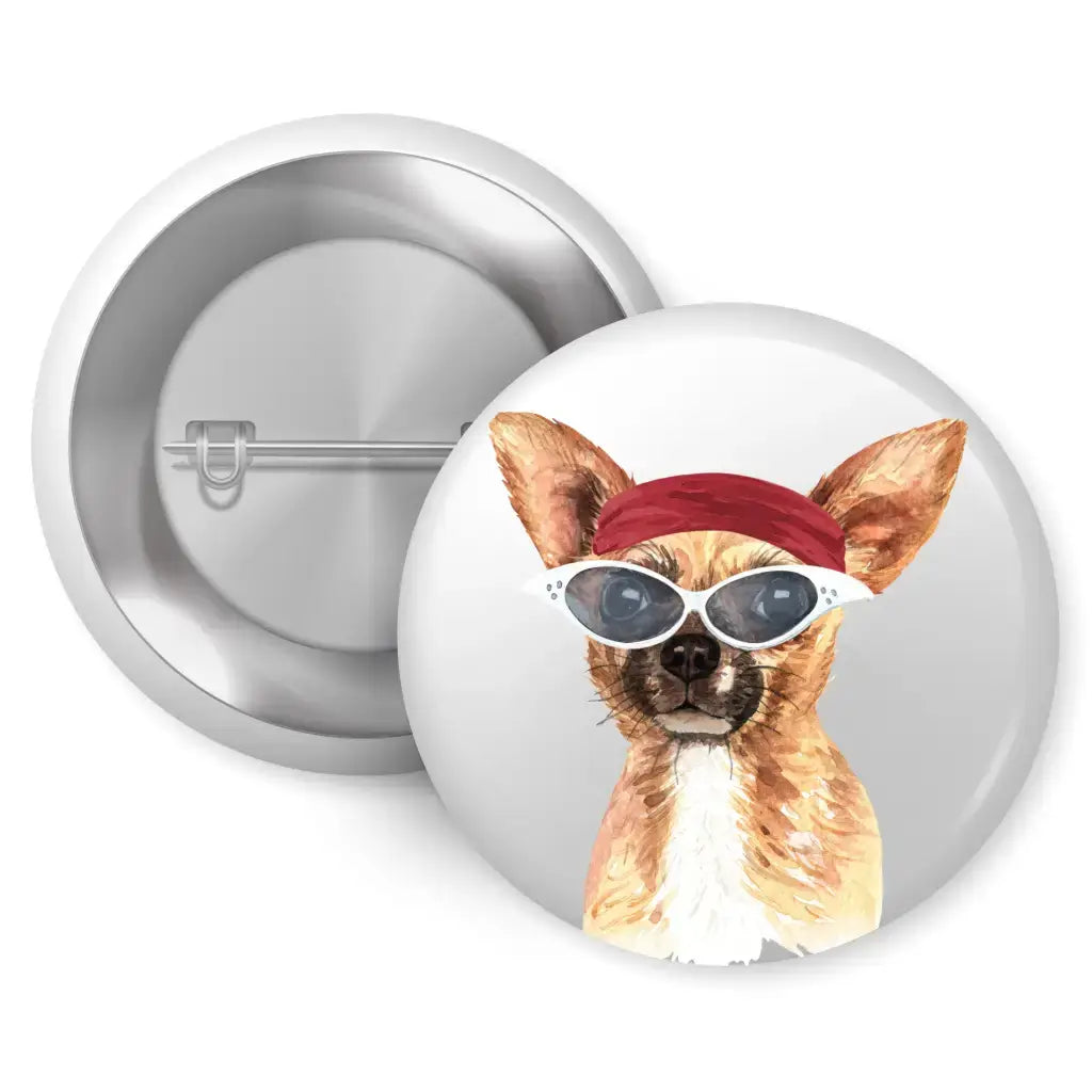 Chihuahua Badges Set showcasing a cute pin with a Chihuahua wearing sunglasses and a red bandana, ideal for fashionable accessories.