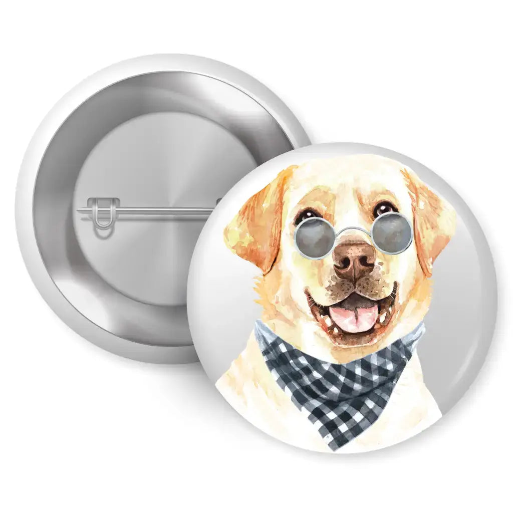 Cute Animal Badges Set depicting a Labrador character pin with stylish sunglasses and a checked bandana, a charming accessory for any outfit.
