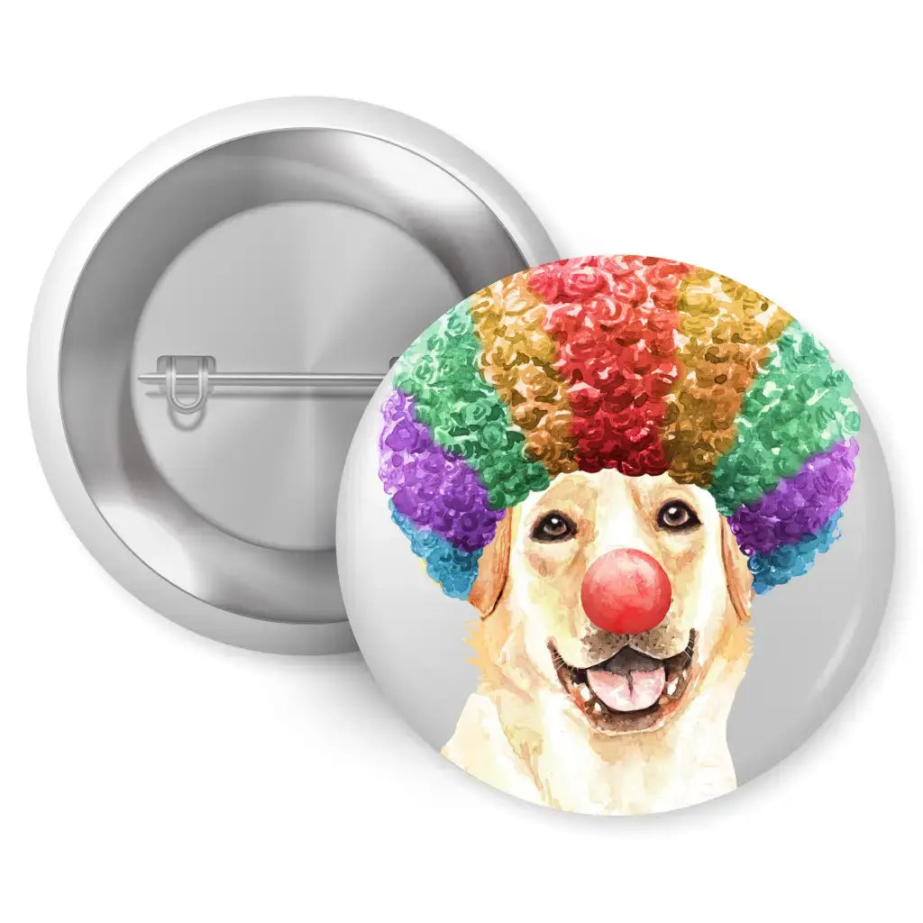 Cute Animal Badges Set featuring a Labrador character pin wearing a colourful clown wig and red nose, perfect for adding fun to your personal style.