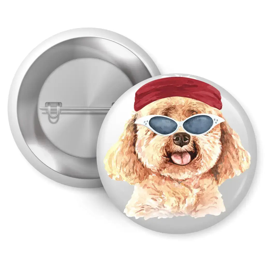 Set of 4 Poodle Badges Set featuring an adorable poodle wearing sunglasses and a red hat. Perfect for bags and hats!