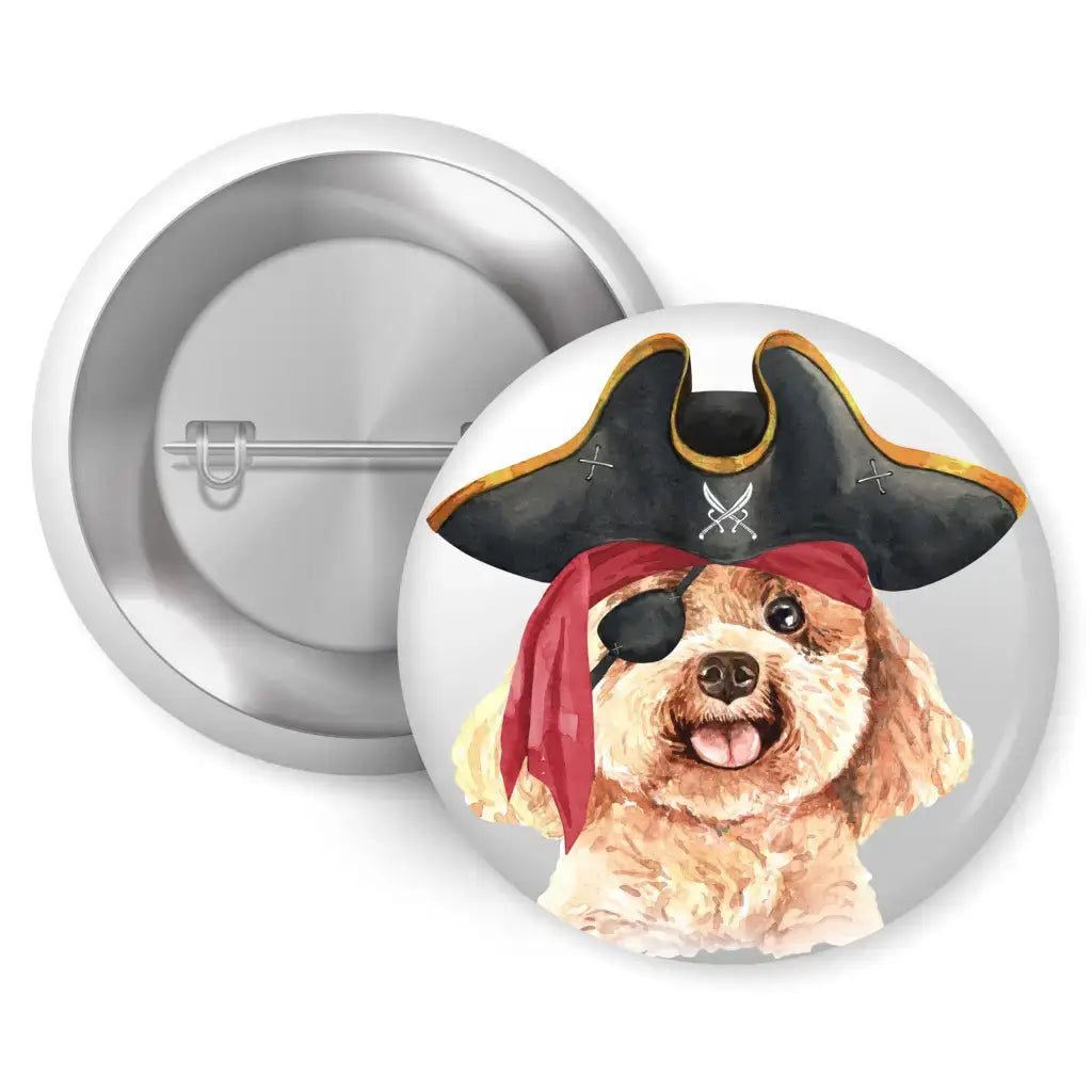 Set of 4 Poodle Badges Set featuring a playful poodle dressed as a pirate. A fun addition to any bag or hat for poodle lovers!