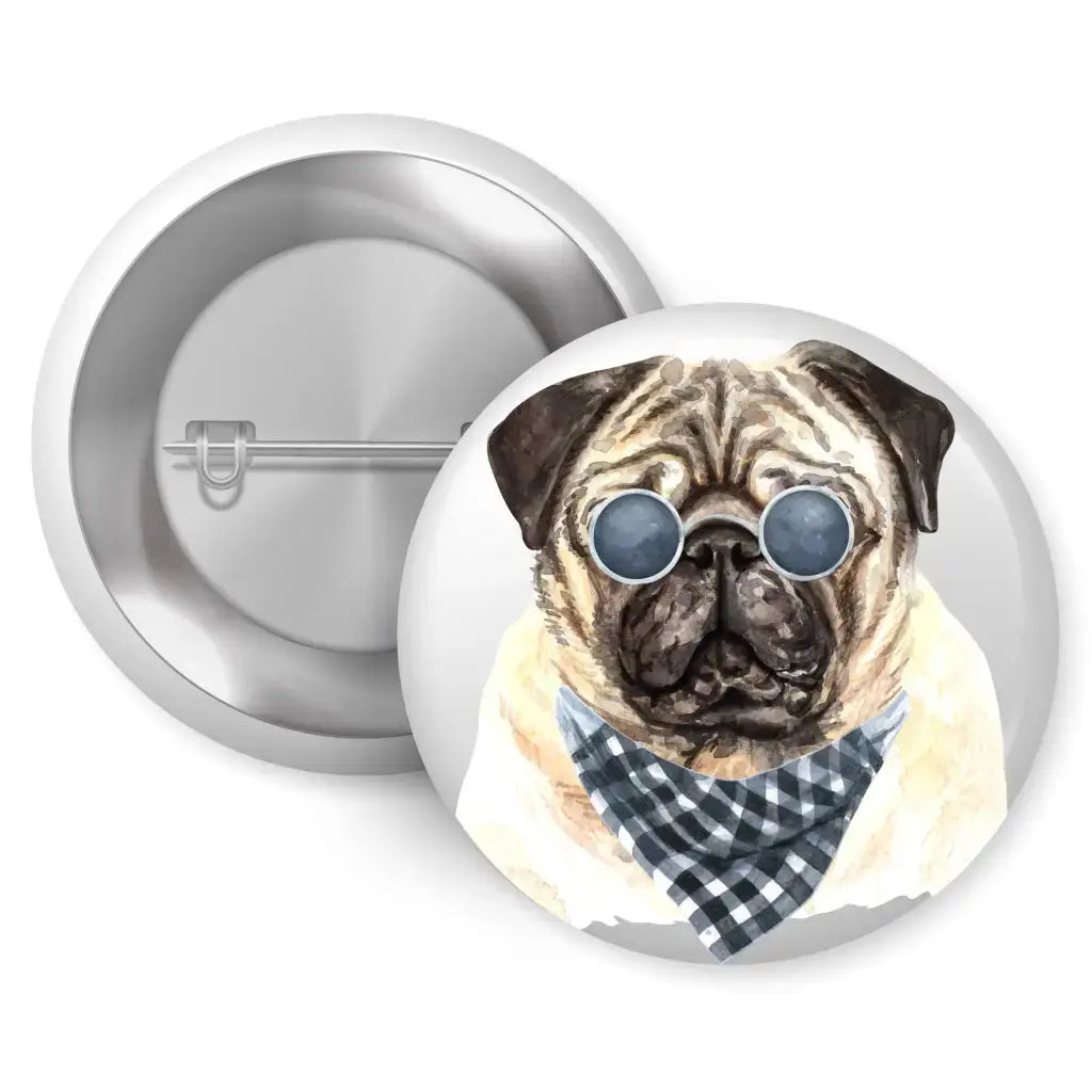 Set of 4 Adorable Pug Character Badges showcasing a stylish pug in sunglasses and a checked scarf, perfect for adding pup-sonality! A must-have for dog lovers.