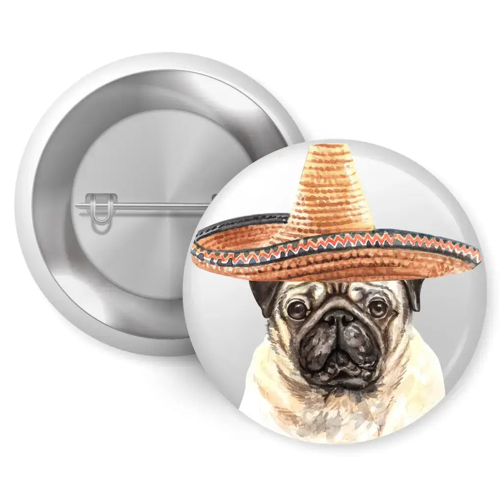 Set of 4 Adorable Pug Character Badges featuring a pug wearing a sombrero, perfect for adding pup-sonality! Ideal for dog lovers.