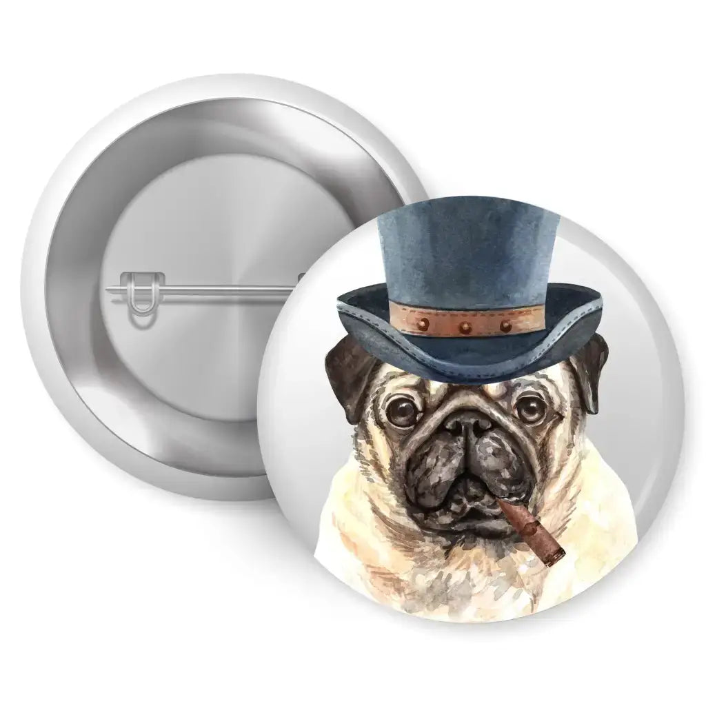 Set of 4 Adorable Pug Character Badges depicting a sophisticated pug with a top hat and cigar, perfect for adding pup-sonality! Perfect for pug enthusiasts.