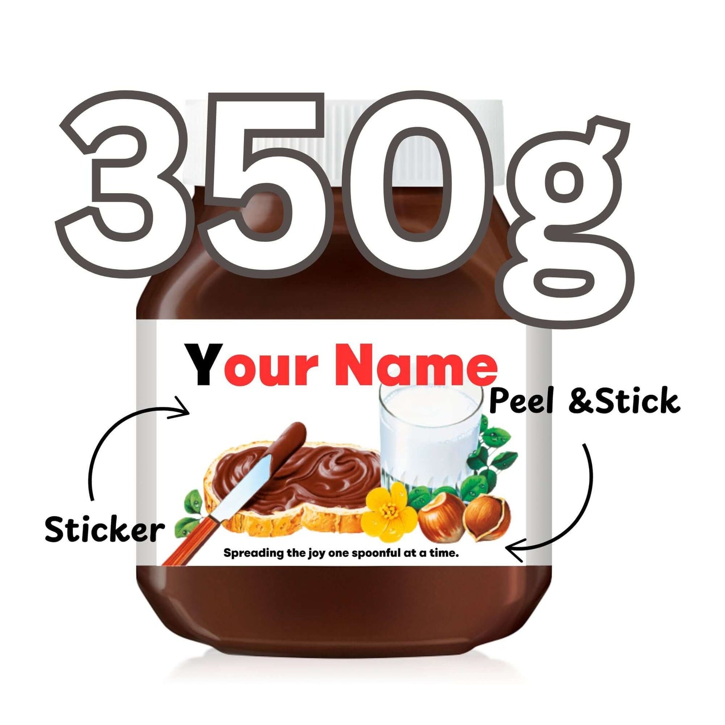 Nutella jar featuring a Personalized Nutella Jar Sticker with a size indication of 350g, emphasising its custom touch.