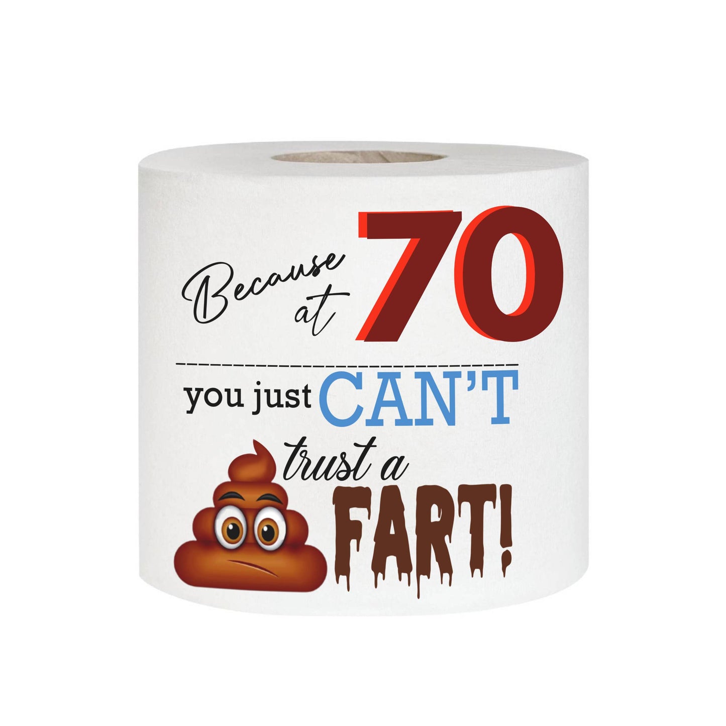 Roll of toilet paper with humorous text and emoji on a white background
