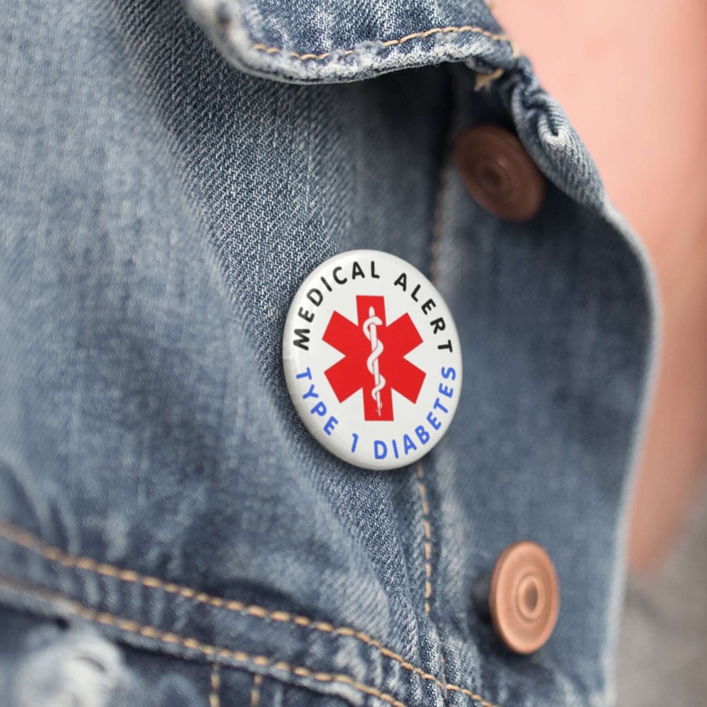 Type 1 Diabetes Safety Item - 25mm Medical Alert Badge pinned to a denim vest, emphasizing stylish safety and visibility.