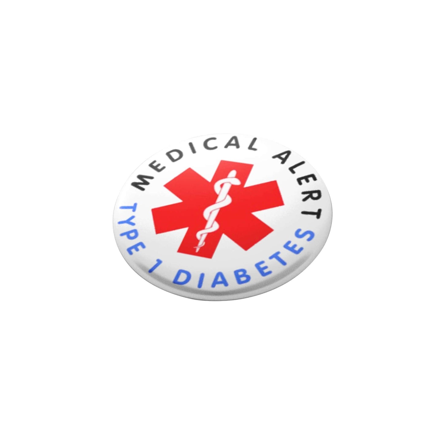 Type 1 Diabetes Safety Item - Close-up of a 25mm Medical Alert Badge, focusing on its clear and bold text for medical identification.
