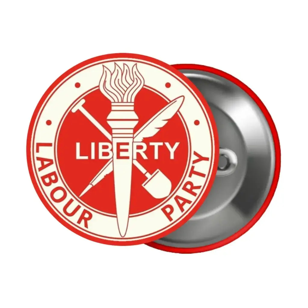 Vintage Political Badges - 1940's Labour Party Liberty Iconic Pin Badge 1 Inch featuring a red and white design with symbols of freedom and progress.