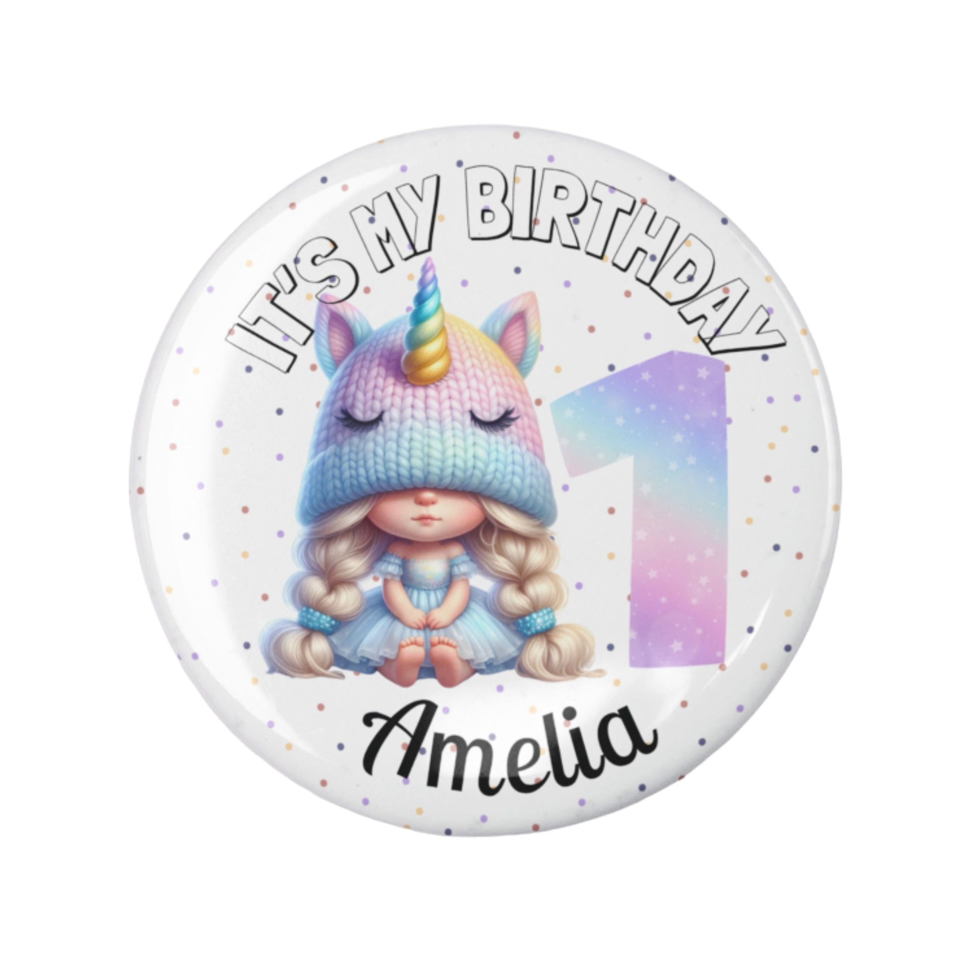 Button badge with unicorn-themed design and text 'It's my birthday Amelia' on a white background