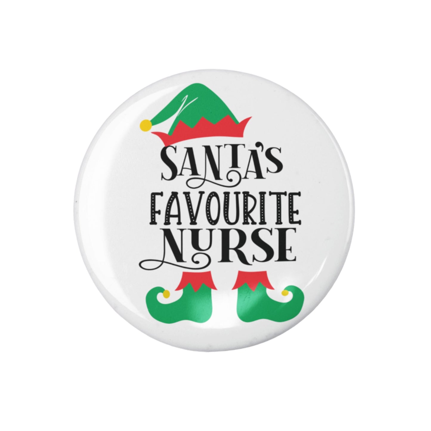 Close-up of Santa's Favourite Pin for Nurses, a charming Christmas badge ideal for spreading holiday cheer.