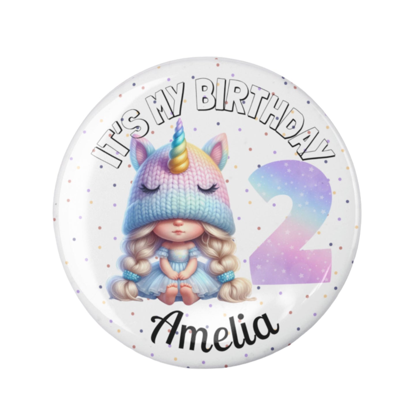 Button badge with unicorn design and text 'It's My Birthday Amelia 2' on a white background