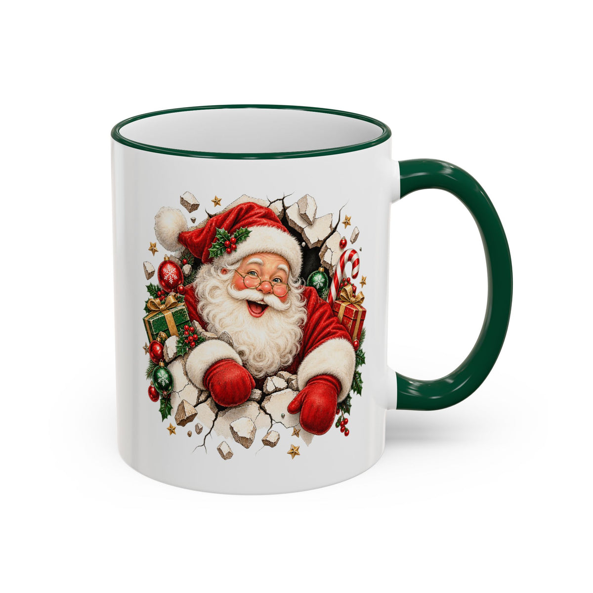 A white ceramic coffee mug with a dark green handle and rim, featuring a vintage-style illustration of Santa Claus bursting through cracked pavement surrounded by ornaments and gifts.
