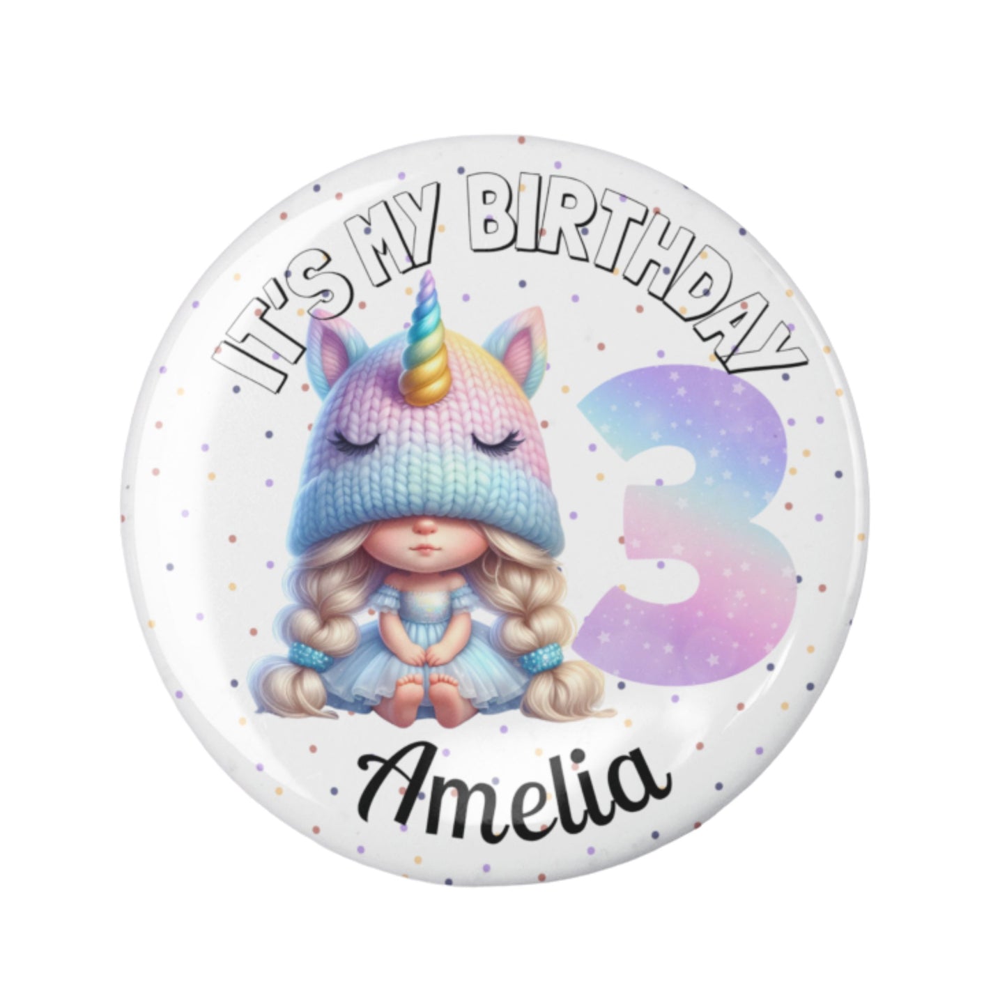 Button badge with unicorn-themed design and text 'It's my birthday 3 Amelia' on a white background