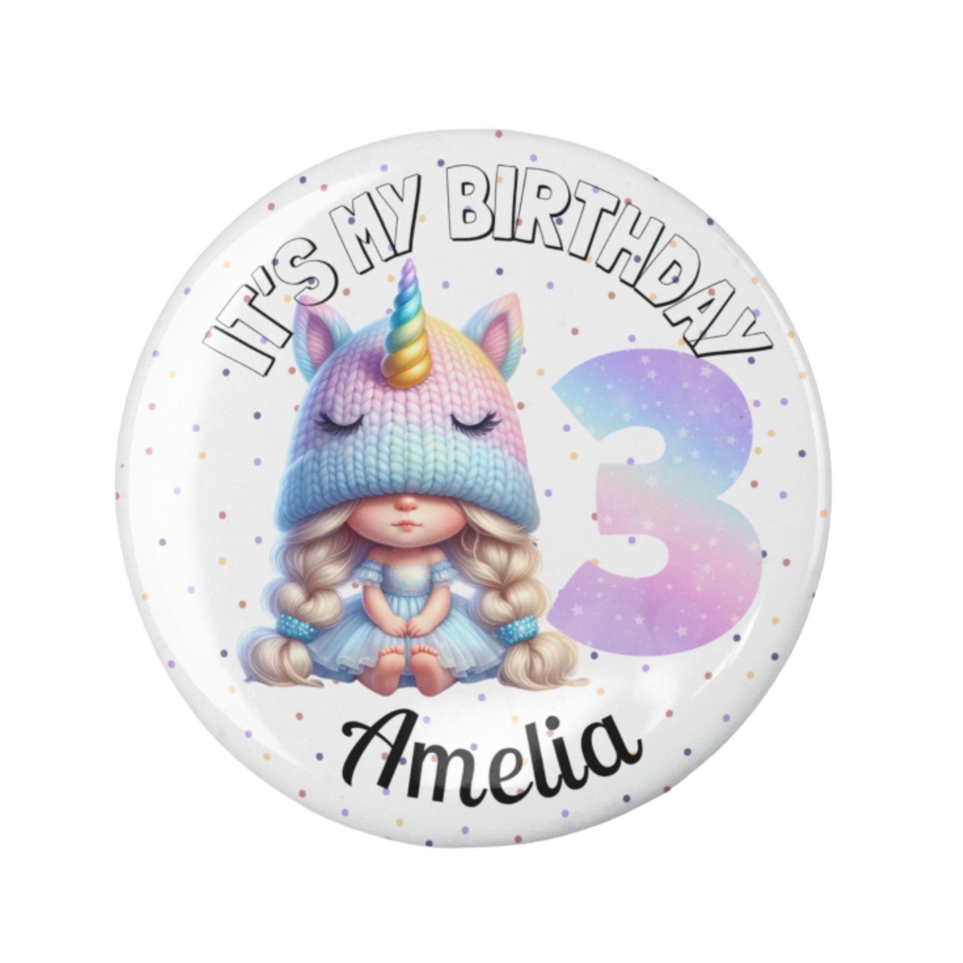 Button badge with unicorn-themed design and text 'It's my birthday 3 Amelia' on a white background
