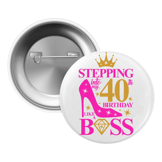 Stylish Emuworks 40th Birthday Badge for Women, perfect for birthday party decorations, measuring 2.32 inches.