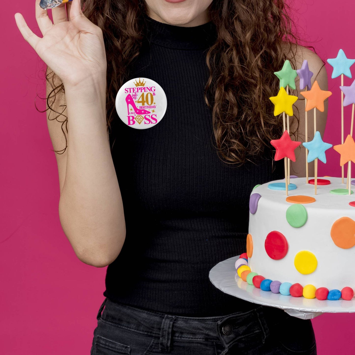 Eye-catching Emuworks 40th Birthday Badge for Women, a must-have for your birthday party decorations.