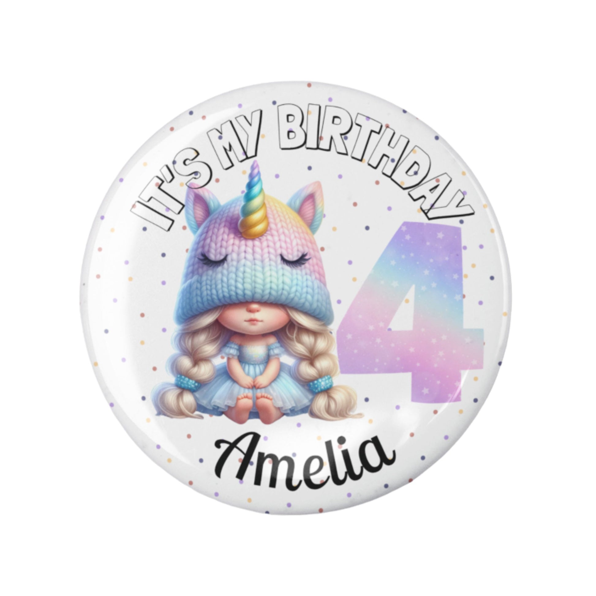 Button badge with unicorn-themed design and text 'It's my birthday Amelia 4'.