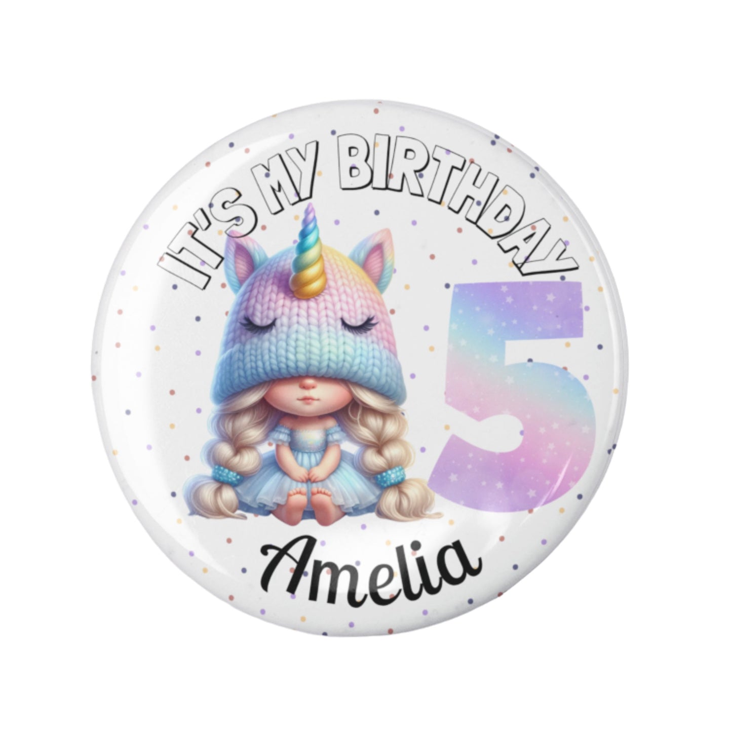 Button badge with a unicorn-themed design and text 'It's my birthday 5 Amelia' on a white background.