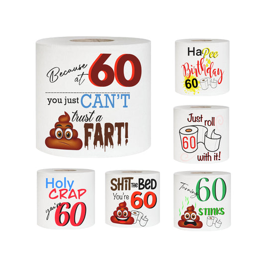 Happy 60th Birthday Printed Toilet Paper Rolls | Funny Gag Gift for Men and Women | Milestone Party Decor | Novelty Bathroom Joke Presents