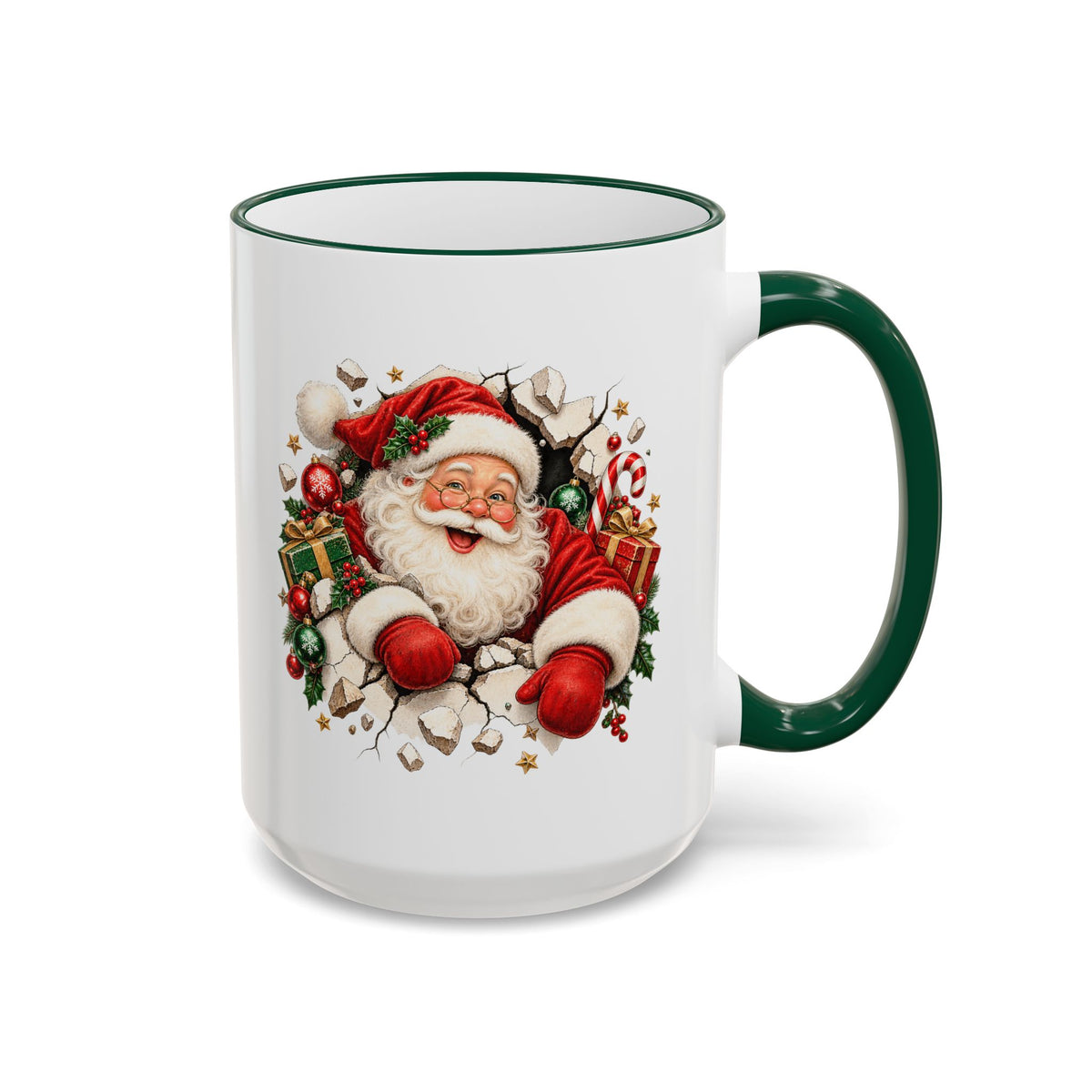 A white ceramic coffee mug with a dark green handle and rim, featuring a festive graphic of Santa Claus bursting through a cracked wall with holiday decorations.