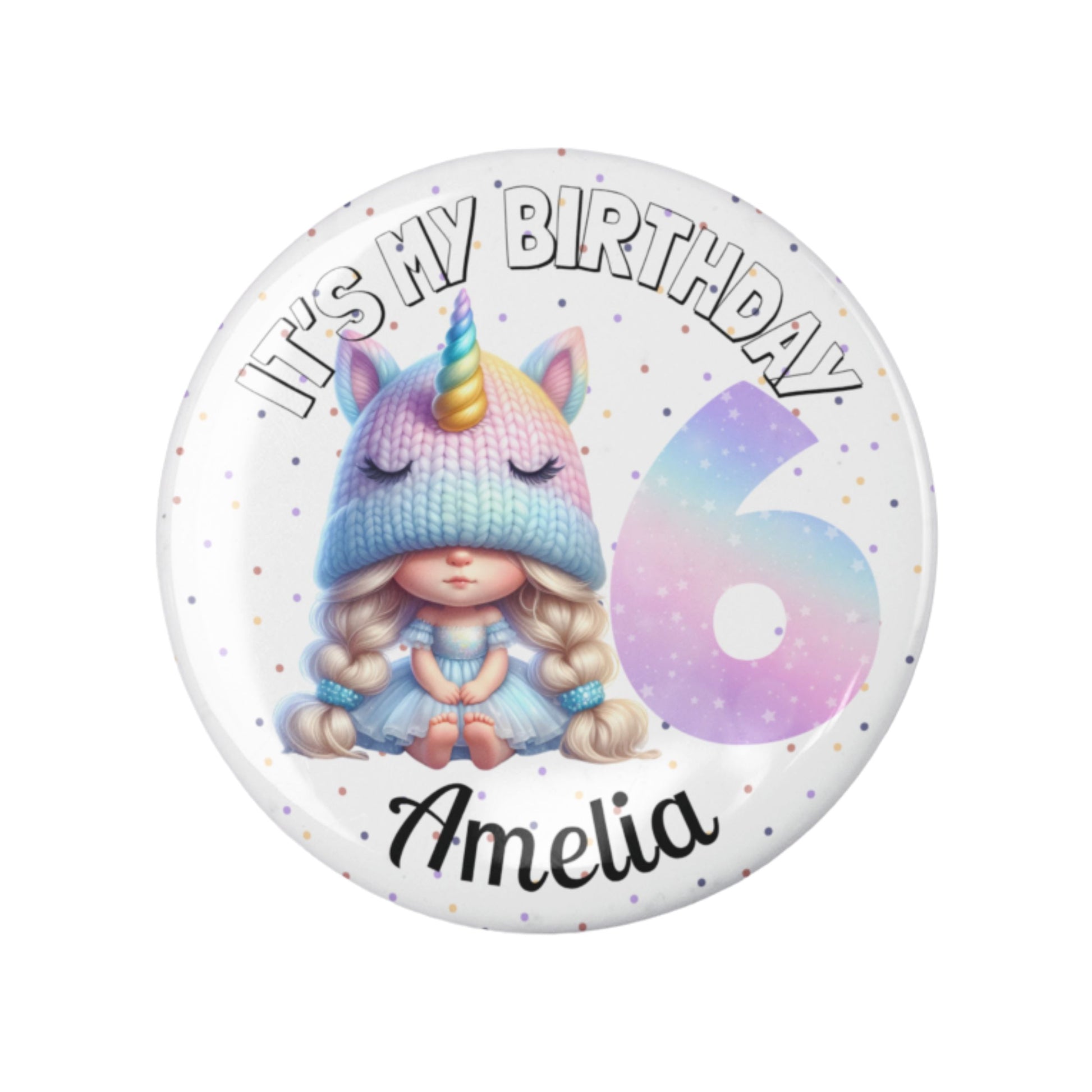 Button badge with unicorn-themed design and text 'It's my birthday Amelia' on a white background