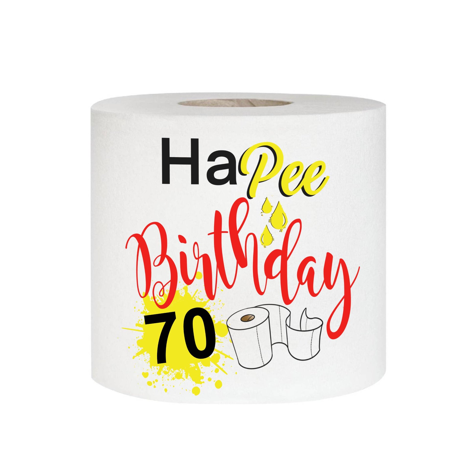 Roll of toilet paper with 'Happy Birthday 70' text on a white background