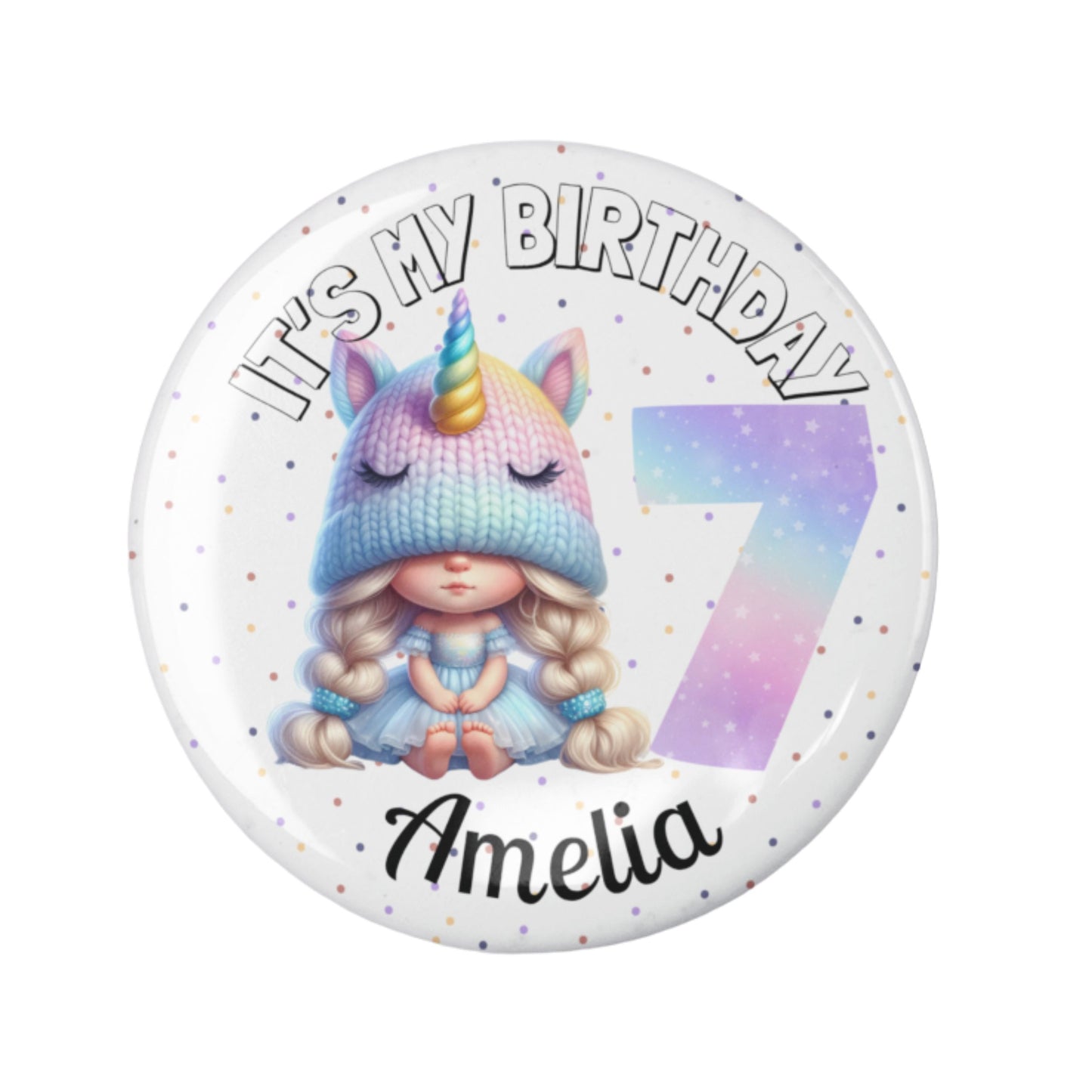 Button badge with unicorn-themed design and text 'It's My Birthday Amelia 7' on a white background
