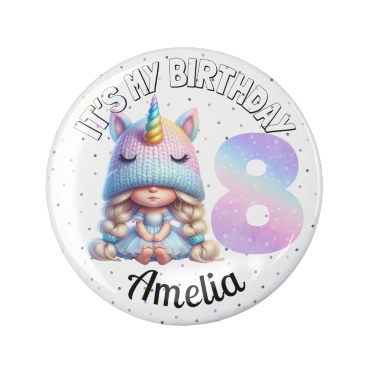 8th birthday button with unicorn-themed design and 'It's my birthday Amelia' text