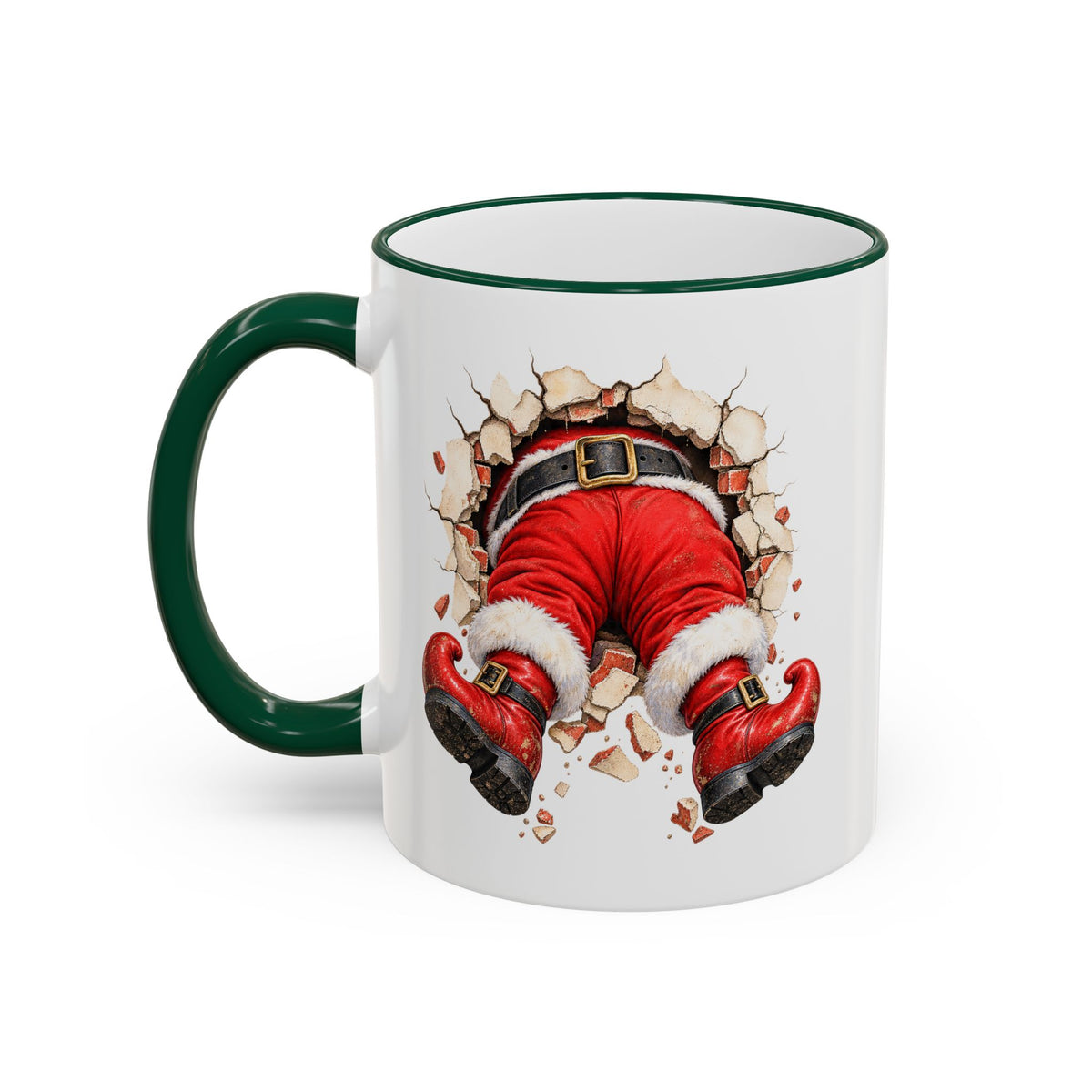 A white ceramic coffee mug with a dark green handle and rim, featuring a graphic print of Santa Claus's legs bursting through a cracked wall.
