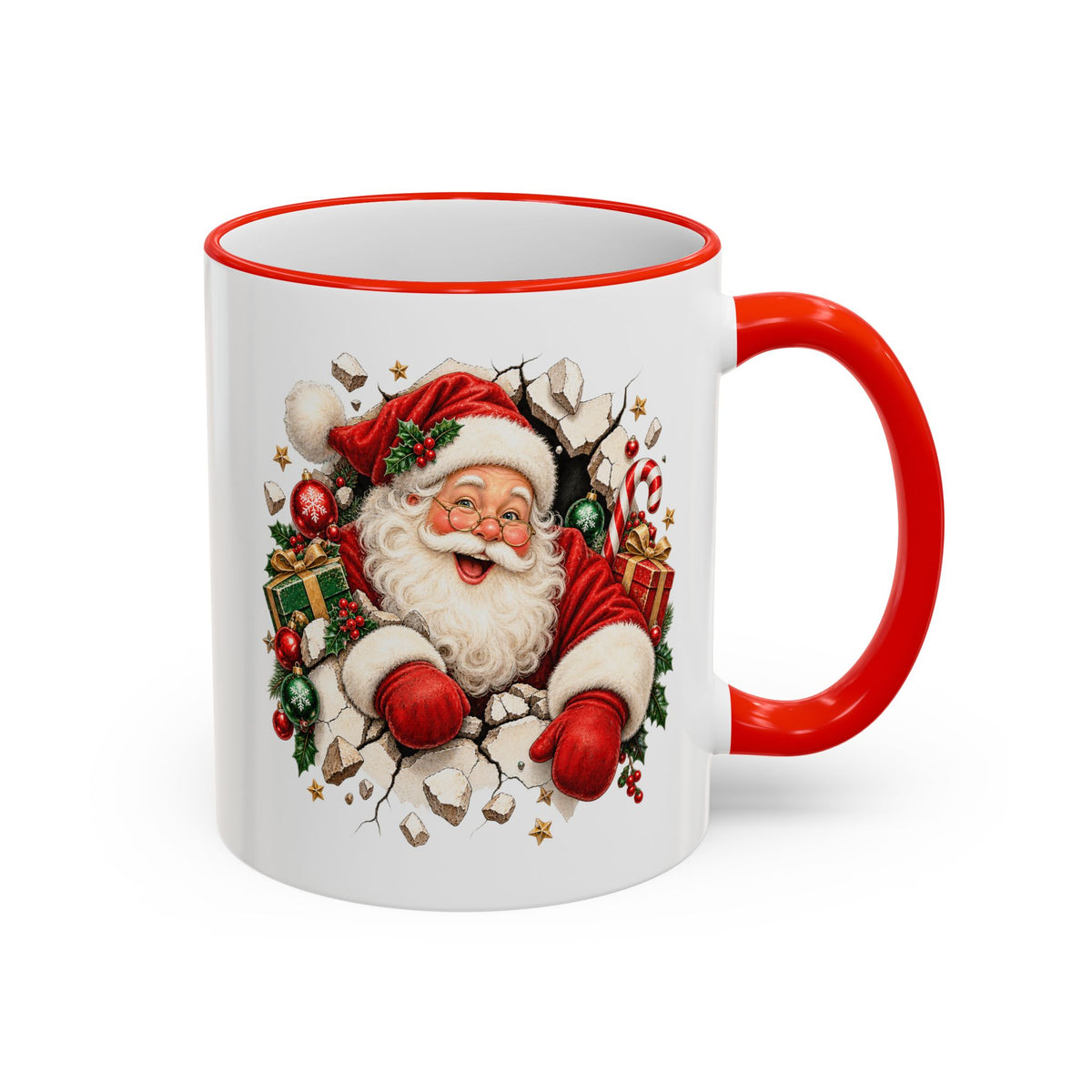 A white ceramic mug with a red handle and red interior rim, featuring a festive graphic of Santa Claus bursting through cracked pavement surrounded by ornaments and gifts.