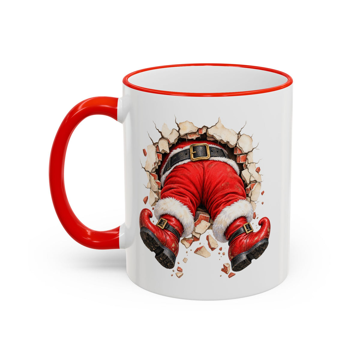 A white ceramic coffee mug with a red handle and red rim, featuring a graphic print of Santa Claus's legs bursting through a cracked wall.