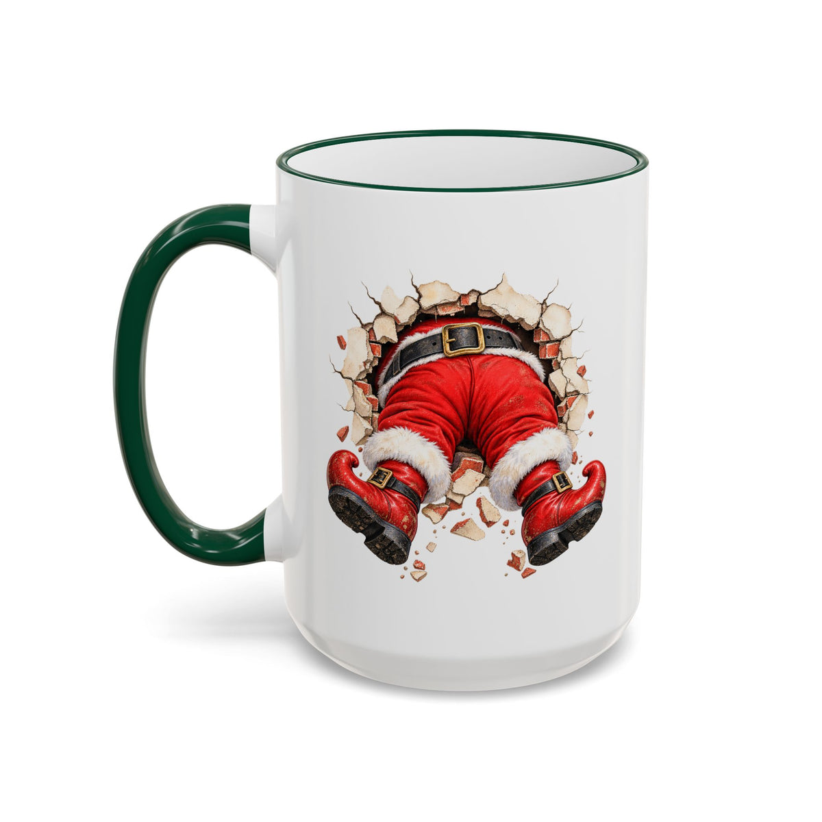 A white ceramic coffee mug with a dark green handle and rim, featuring a graphic print of Santa Claus's legs bursting through a cracked wall.