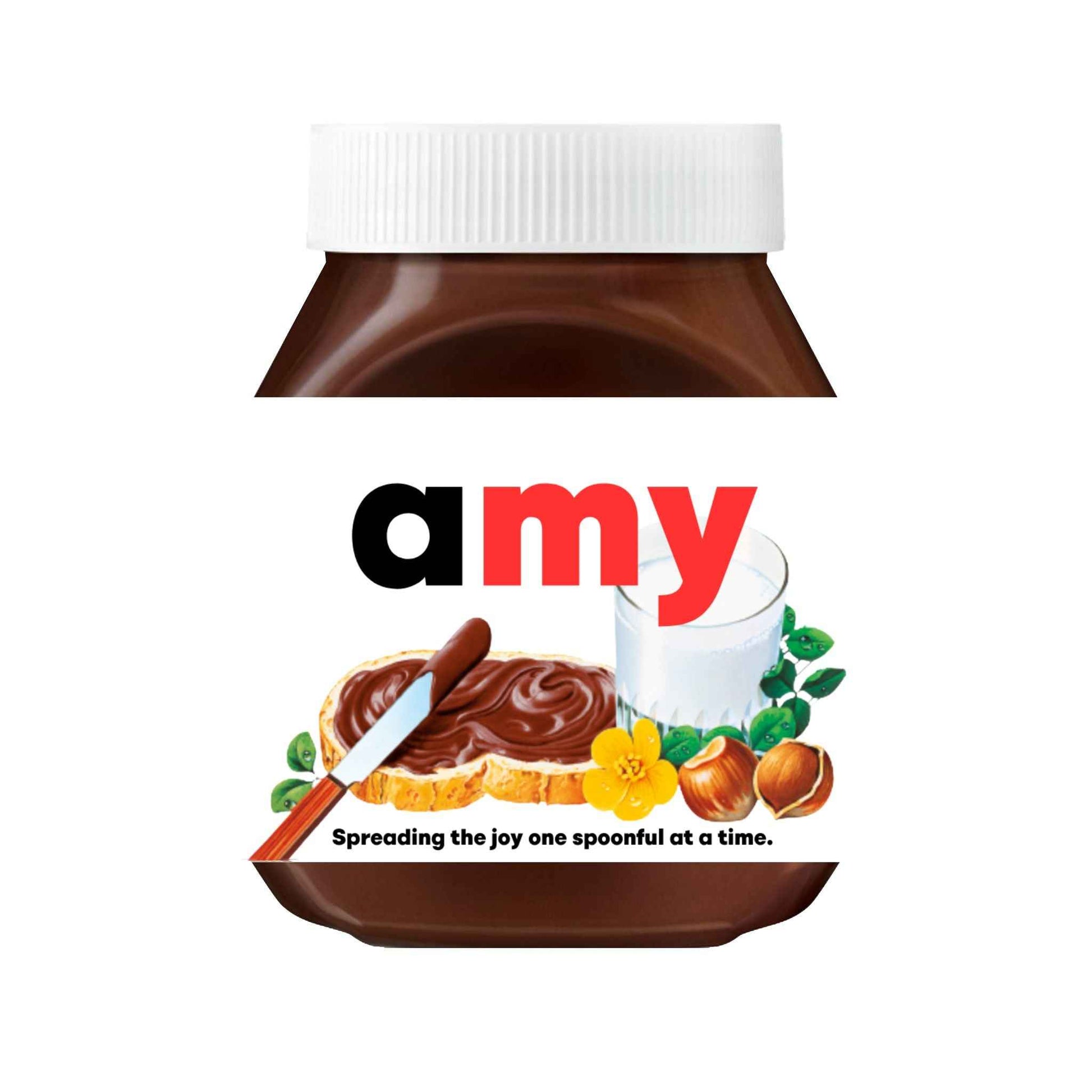 Custom Nutella label featuring the name 'Amy' on a jar, perfect for personalised gift giving.