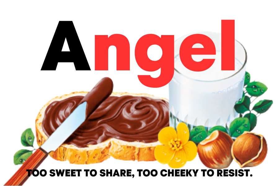 Custom Nutella jar label for 'Angel' featuring fun illustrations of Nutella and bread.