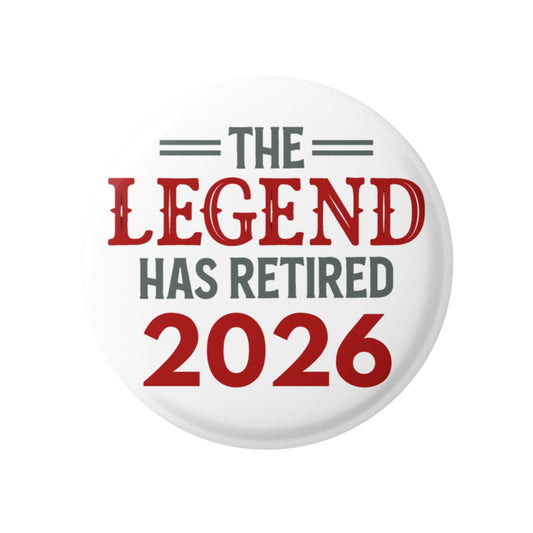 Button badge with 'The Legend Has Retired 2026' text on a white background