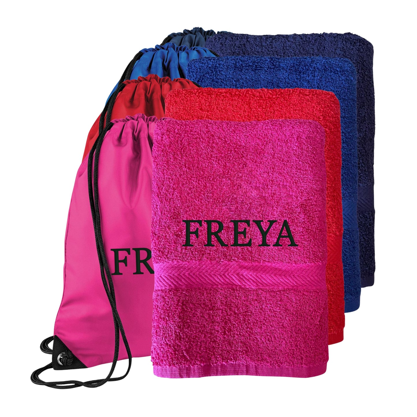 Pink, red, and blue towels with 'FREYA' branding on a white background